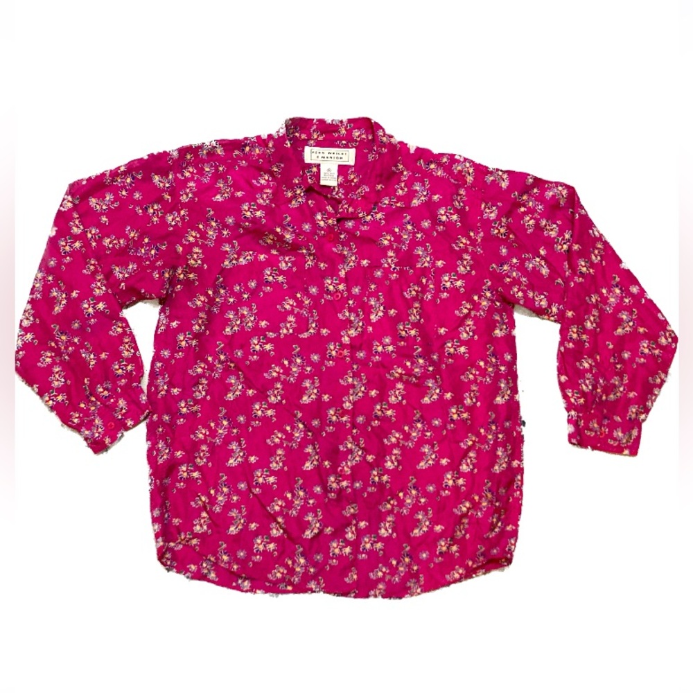 C01 Fenn Wright Manson 100% Silk Floral Vintage Button Top Hot Pink Sz XL